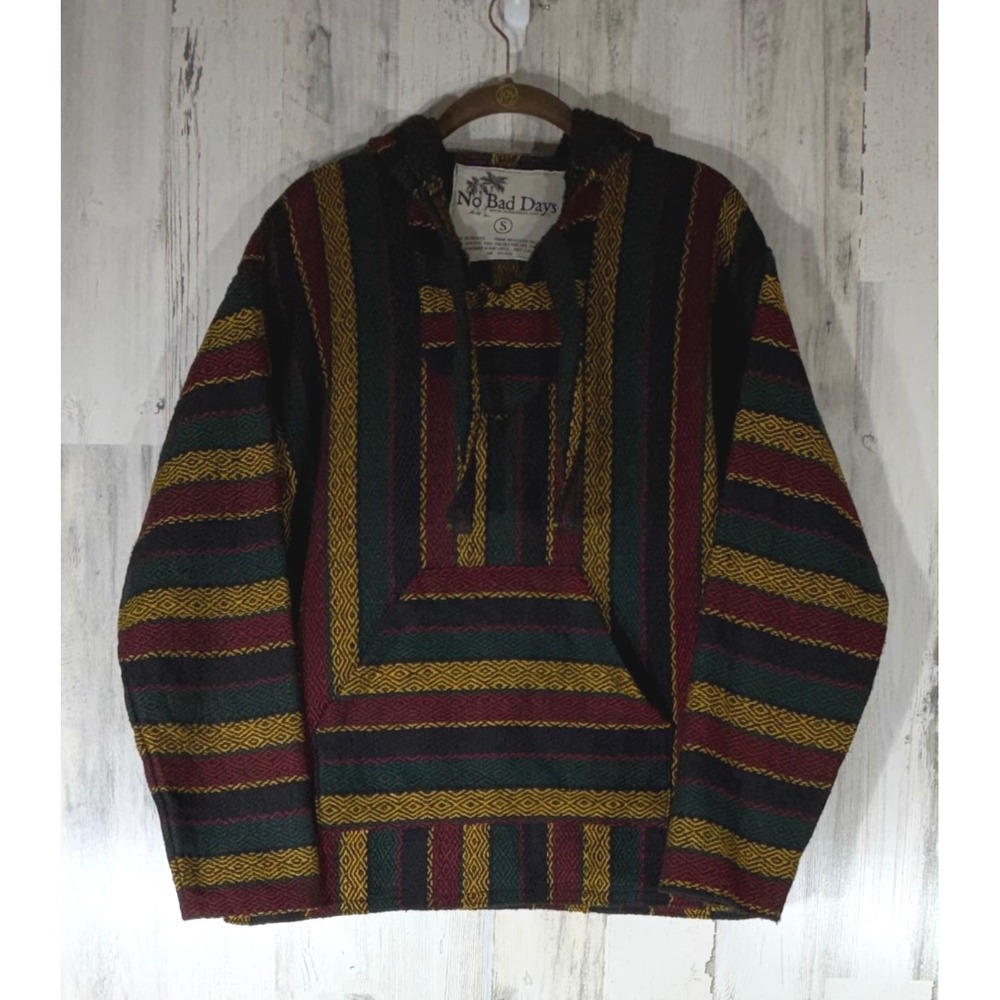 No Bad Days Baja Hoodie Small Red Green Yellow Striped Mexican Jerga Drug Rug